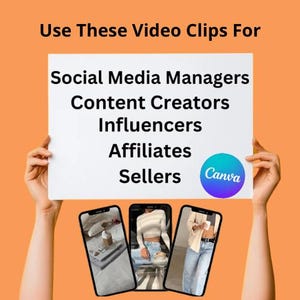 Può includere: Un cartello bianco con il testo "Use These Video Clips For Social Media Managers Content Creators Influencers Affiliates Sellers" e il logo Canva. Sotto il cartello sono mostrati tre schermi di smartphone, ognuno dei quali mostra un diverso clip video.