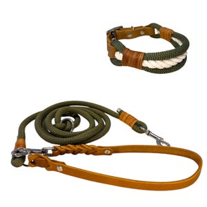 Set | Collar & Leash &#39;HUNTER&#39; - Army green and cream rope, fat leather in chocolate brown, dog collar, dog leash, rope leash, handmade leash