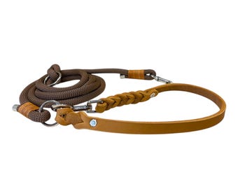 Combi leash 'Sienna' - brown rope leash, cognac leather loop, dog leash, handmade leash, lead, greased leather