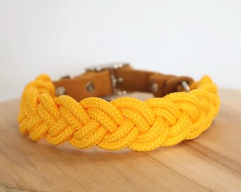 Gevlochten halsband in geel | Handgemaakte hondenhalsband van touw en leer | Verstelbare maat