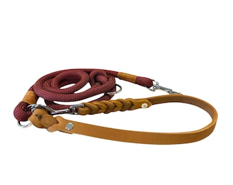 Combination leash 'Ember' - red rope leash, cognac leather loop, dog leash, handmade leash, lead, greased leather