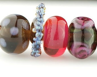 Dark Brown and Pink -  Handmade Lampwork Glass Bead Set - Roses and More