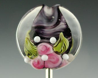 Purple Wisps and Roses Handmade Lampwork Glass Focal Bead by Lara