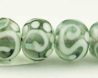 Grey and Ivory Scrolls and Dotted Handmade Lampwork Glass Bead Set