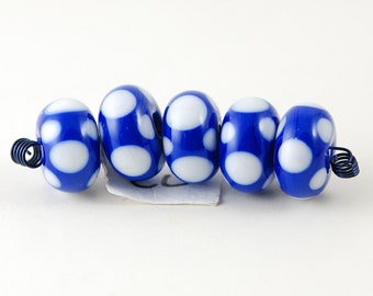 Blue and White Polka Dot Handmade Lampwork Glass Bead Set