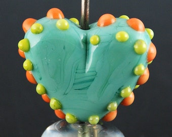 Turquoise Orange and Green Heart Handmade Focal Lampwork Glass Bead