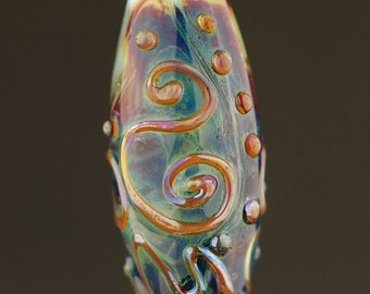 Blue Abstract Verdigris Handmade Lampwork Glass Focal Bead  - Artisan Flamework Bead