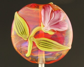 Hot Pink Floral Handmade Lampwork Glass Focal Bead by Lara  - Artisan Glass Bead for jewelry