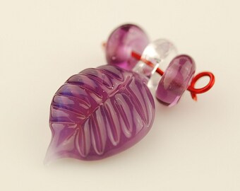 Purple Boro Glass Leaf Pendant Set by Lara - Flamework Pendant - Lampwork Pendant - Jewelry Supplies