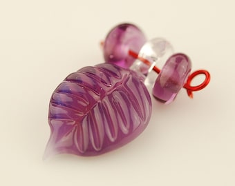 Purple Boro Glass Leaf Pendant Set by Lara - Flamework Pendant - Lampwork Pendant - Jewelry Supplies