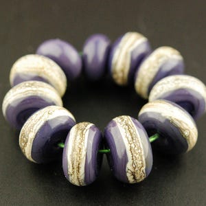 Purple and Silvered Ivory Handmade Lampwork Glass Bead Set - Artisan - Flamework