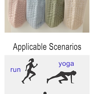 May include: Four textured socks in pastel colors: pink, blue, green, and beige. The image also shows silhouettes of people running, doing yoga, in gyms, playing ball, and cycling. Text reads "Detail" and "Applicable Scenarios."