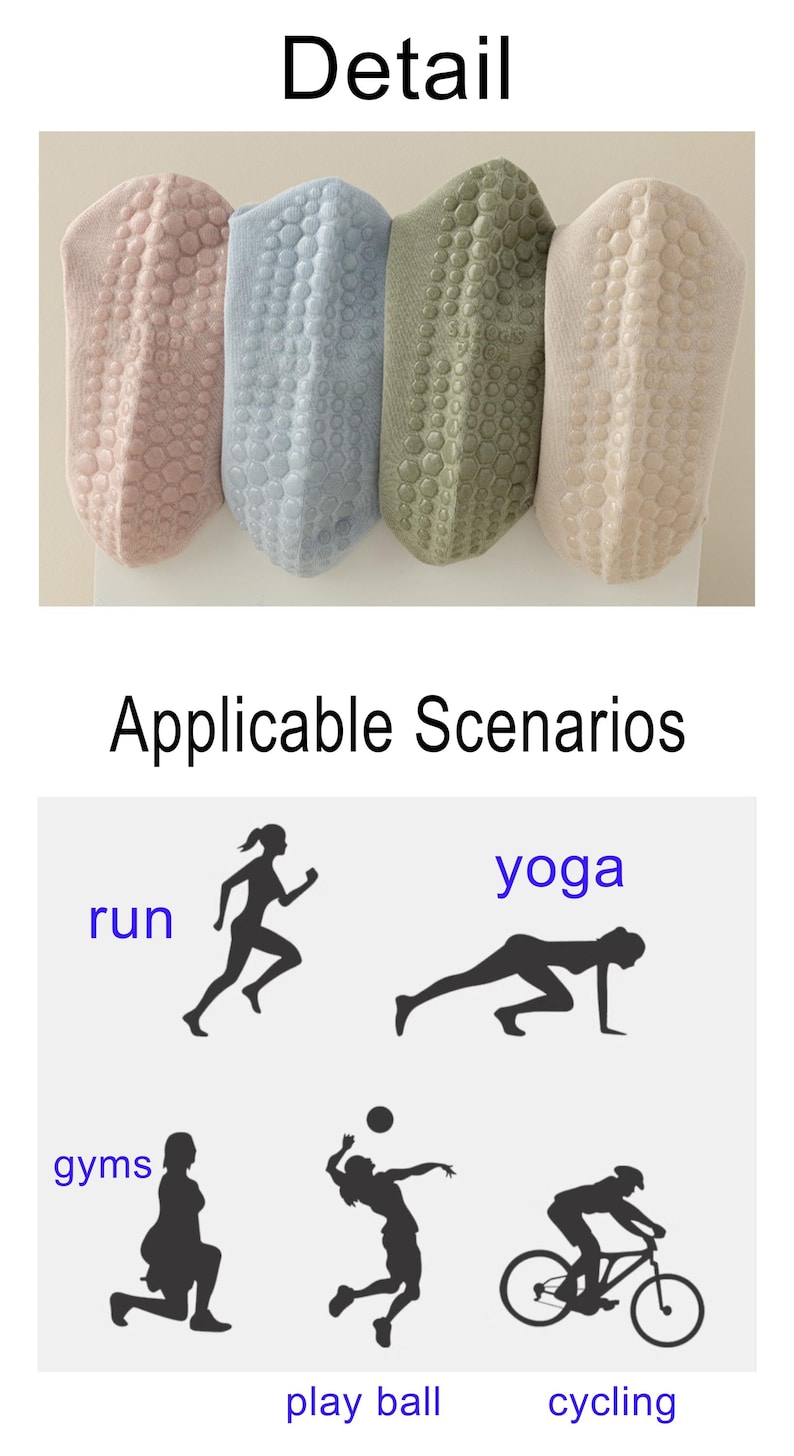 May include: Four textured socks in pastel colors: pink, blue, green, and beige. The image also shows silhouettes of people running, doing yoga, in gyms, playing ball, and cycling. Text reads "Detail" and "Applicable Scenarios."