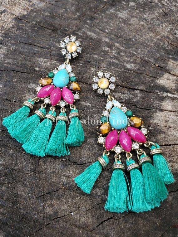 Boho Chic Turquoise & Tassles Statement Earrings