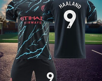 Manchester City Away Soccer Jersey Set, #9 Bruyne Haaland, Soccer Jersey & Shorts Set, Size For Adults And Children's