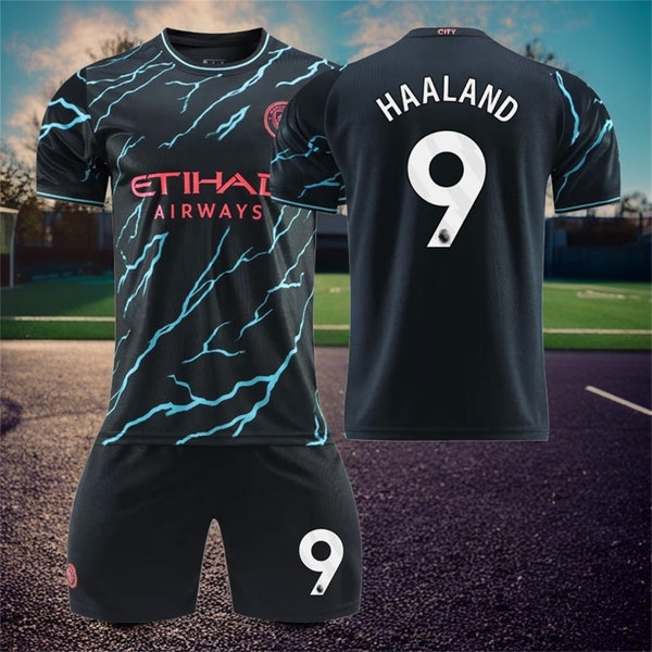 Manchester City Away Soccer Jersey Set, #9 Bruyne Haaland, Soccer Jersey & Shorts Set, Size For Adults And Children's