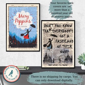 May include: Two printable digital art prints featuring Mary Poppins illustrations on vintage dictionary pages. The first print features Mary Poppins flying with an umbrella and the text "Mary Poppins" and "P.L. Travers". The second print features Mary Poppins flying with an umbrella and the text "Don't you know that everybody's got a fairyland of their own?" and "Mary Poppins P.L. Travers".