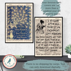 May include: Two printable book covers featuring vintage illustrations and text from Pride and Prejudice by Jane Austen. The first cover features a peacock with a blue and gold design. The second cover features a woman reading a book with the text "I declare after all there is no enjoyment like reading!"