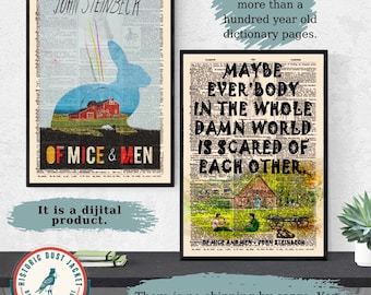 Afdrukbare boekomslagkunst 'van muizen en mannen', vintage boekomslag, John Steinbeck-poster, cadeau boekenliefhebber, Amerikaanse literatuur