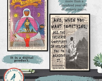 Printable &#39;The Alchemist&#39; Book Cover Art, Vintage Book Cover, Paula Coelho Poster Print, Book Lover Gift, Book Quotes