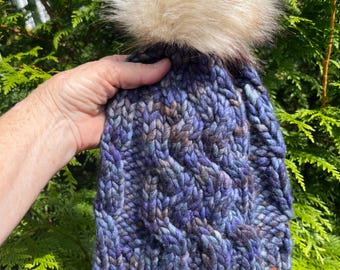 Hand Knit Super Bulky Merino Wool Hat: Purple Celtic Braid Beanie