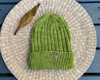 Classic Spring Green Merino Wool Ribbed Beanie - Hand Knit, Hand Dyed