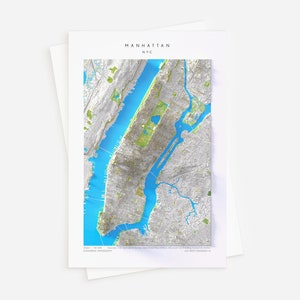 Carte postale de topographie de Manhattan, carte postale d'élévation en relief ombragé de 4 x 6 po. avec une impression 3D de Manhattan, New York City