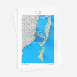 Postal de topografía de Miami, postal estándar con mapa de elevación en relieve sombreado de 4"x6" de alto detalle con sensación 3D de Miami, Florida