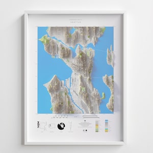 Topographie du paysage urbain de Seattle, impression de carte d'altitude en relief ombragé 24 x 32 po avec impression 3D de Seattle, Washington