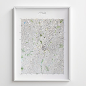 Topographie contemporaine de Charlotte, impression de carte d'altitude en relief ombragé de 61 x 81 cm, impression 3D de la Caroline du Nord