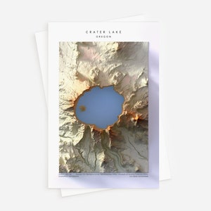 Cartão postal de topografia do Lago Crater, mapa de elevação de relevo sombreado de 4" x 6" de alto detalhe com sensação 3D de Crater Lake, Oregon