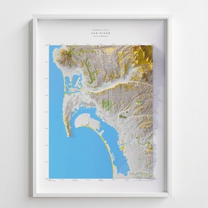 Topographie contemporaine de San Diego, impression de carte d'altitude en relief ombragé 24 x 81 cm avec impression 3D du paysage urbain de San Diego, Californie