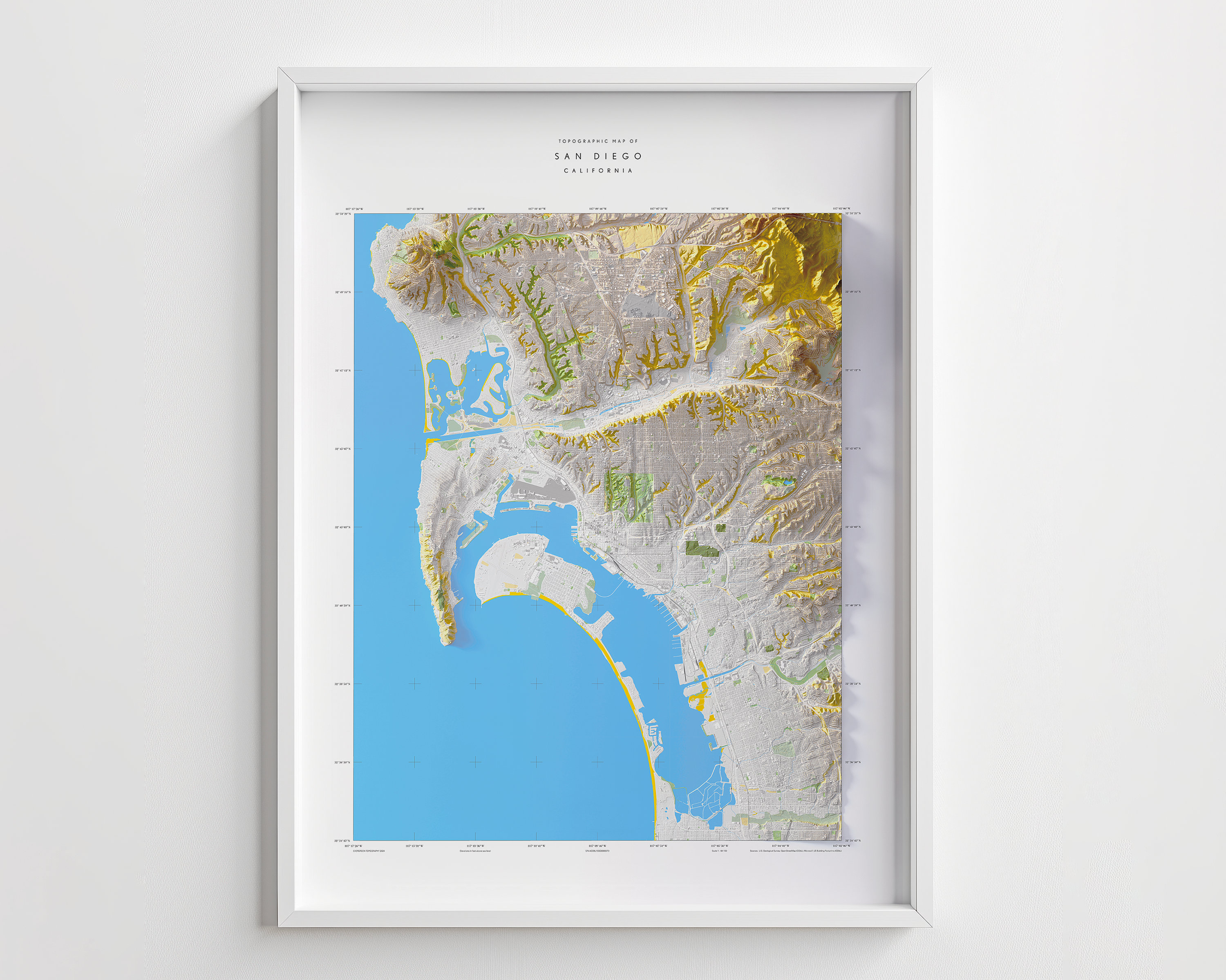 San Diego Topographic Map Print: 3D Shaded Relief, California Cityscape