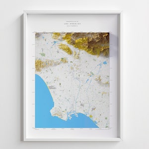 Los Angeles Zeitgenössische Topographie, hochdetaillierte 24 "x 32" schattierte Relief Höhenkarte Druck mit 3D-Gefühl von Los Angeles, Kalifornien Stadtbild