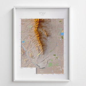 Topographie d'El Paso, relief ombré 24 x 81 cm très détaillé, impression de carte d'altitude avec impression 3D d'El Paso, Texas