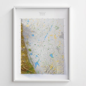 Topographie de Denver, impression de carte d'altitude en relief ombragé 24 x 32 po avec impression 3D de Denver, Colorado