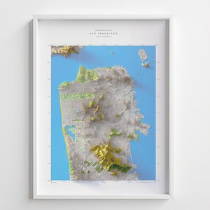 Topographie contemporaine de San Francisco, impression de carte d'altitude en relief ombragé 24 x 32 po avec impression 3D de San Francisco, Californie
