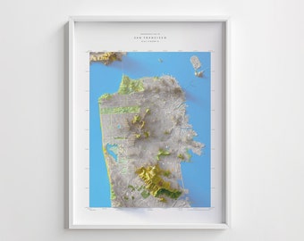 Topographie contemporaine de San Francisco, impression de carte d'altitude en relief ombragé 24 x 32 po avec impression 3D de San Francisco, Californie