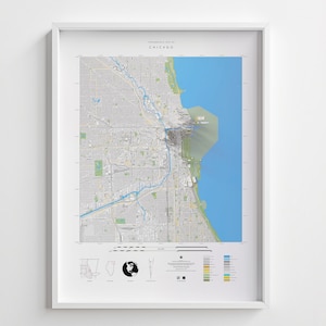 Topographie contemporaine de Chicago, impression de carte d'altitude en relief ombragé 24 x 32 po avec impression 3D du paysage urbain de Chicago, Illinois