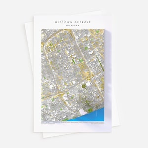 Postal topográfica de Midtown Detroit, mapa de elevación con relieve sombreado de 4" x 6" de alto detalle, postal estándar con sensación tridimensional de Detroit, Michigan
