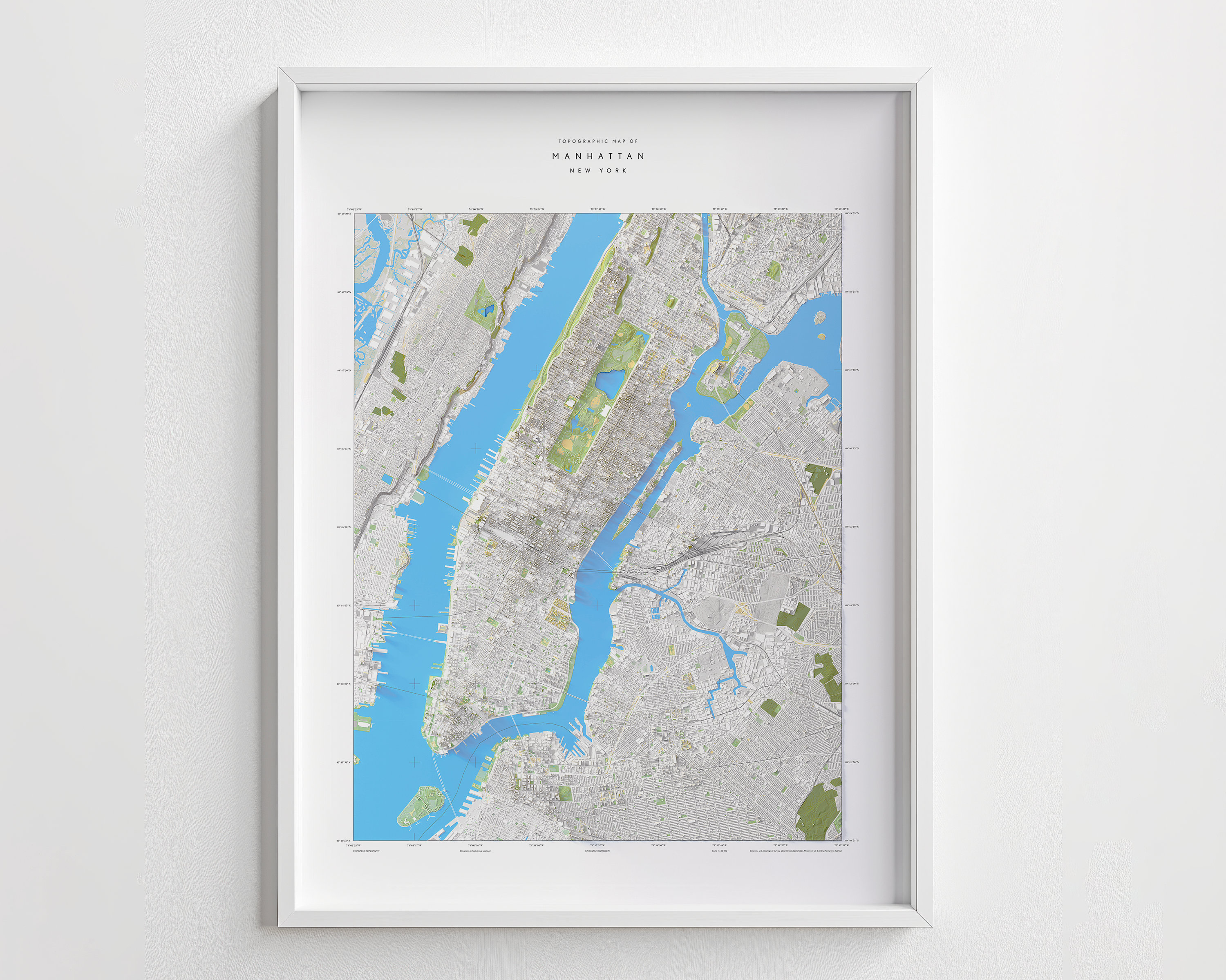 Manhattan Topographic Map Print: Shaded Relief, New York Cityscape