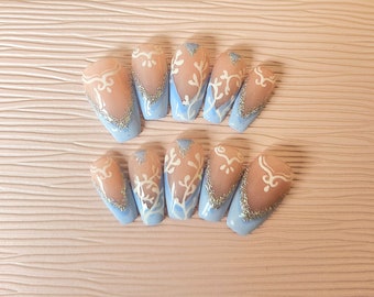 Handmade Blue french tip nails set, silver holo nails, cute filagree nails, small coffin shape, gel nail art, reusable press on