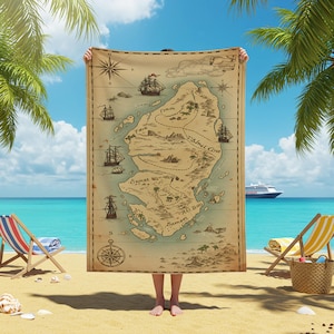 Vintage Piraten Karte Strandtuch, Nautische Schatzinsel Design, Einzigartiges Schiff, Kompass Dekor, Abenteuer Geschenk, Sommer Strand Wesentliche, Sommer