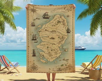 Vintage Pirate Map Beach Towel, Nautical Treasure Island Design, Unique Ship, Compass Decor, Adventure Gift, Summer Beach Essential, Summer
