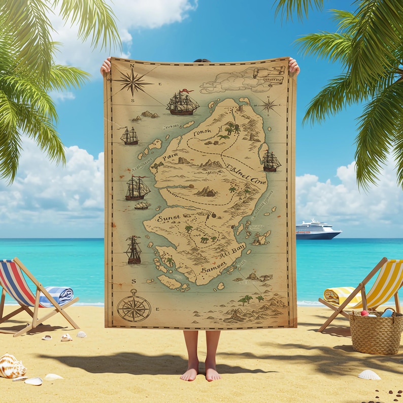 May include: A vintage-style map of a fictional island with a compass, ships, and various landmarks labelled. The map is printed on a beige background with blue water and brown land features. The map is held up in front of a beach scene with palm trees and a cruise ship in the distance.