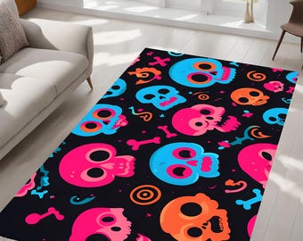Colorful Skull Pattern Rug, Modern Halloween Inspired Decor, Fun Skeleton Design, Kids Room, Living Room, Bedroom, Gift Idea, for Her, Him