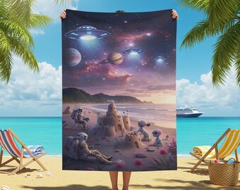 Alien Beach Towel, Sci-Fi Astronaut, UFO Art, Fantasy Sandcastle Scene, Cosmic Outer Space Decor, Unique Gift for Space Lovers, for Him, Her