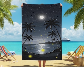 Moonlit Tropical Beach Towel, Starry Night Ocean Scene, Firefly Glow Towel, Relaxing Coastal Getaway, Unique Gift for Beach Lovers, for Her