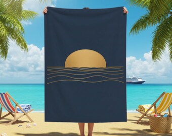 Elegant Sunset Beach Towel, Minimalist Gold & Navy Ocean Design, Luxurious Coastal Style, Relaxing Vacation Essential, Gift Idea, for Her