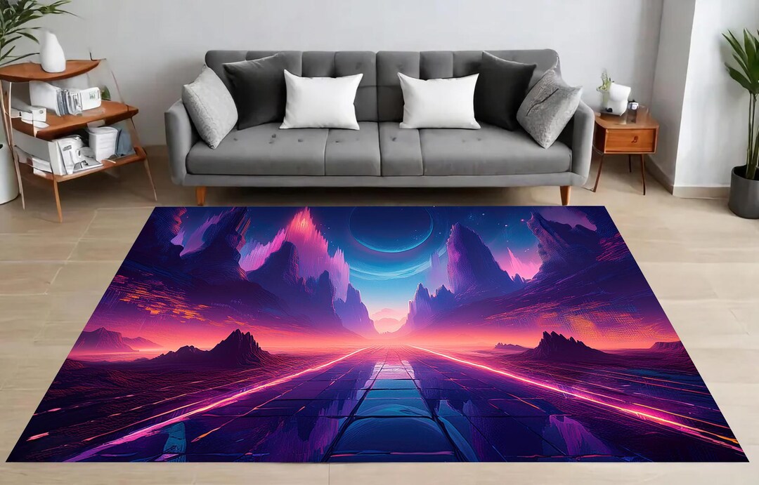 Neon Horizon Rug, Futuristic Sci-fi Landscape, Cosmic Mountains ...